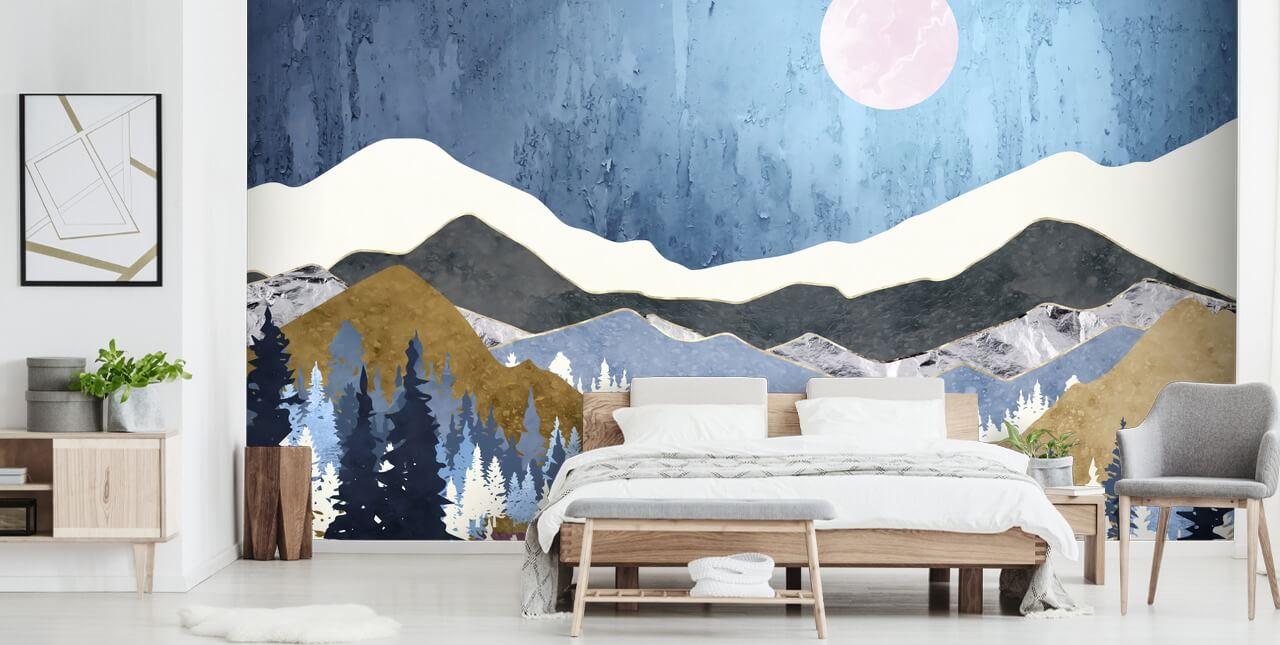 blue mountains paired with mossy green and purple hills wallpaper