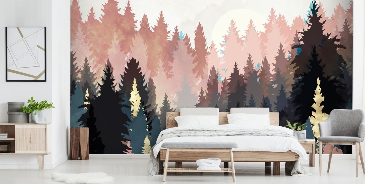 papier peint forêt bleu foncé et rose papier peint forêt bleu foncé et rose