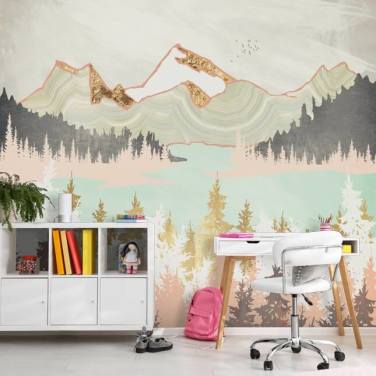 pastelroze, grijs en goud abstract bergbehang