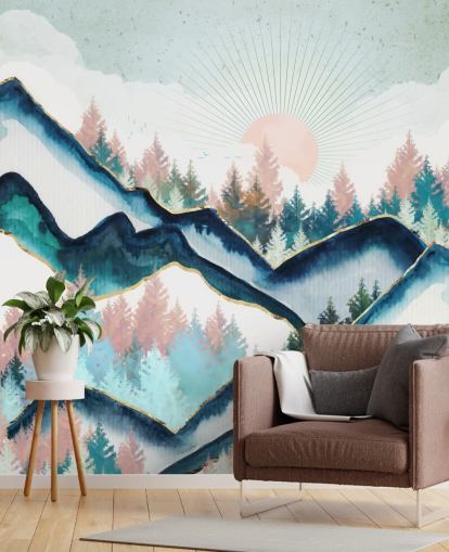 marine blauw en roze berg kunstwerk behang marine blauw en roze berg kunstwerk behang