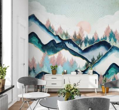 marineblå og rosa fjell kunstverk tapet