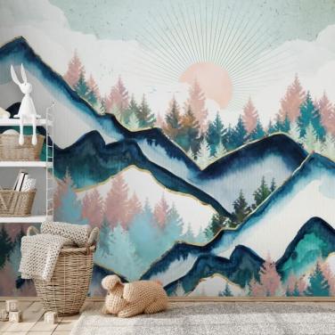marineblå og rosa fjell kunstverk tapet