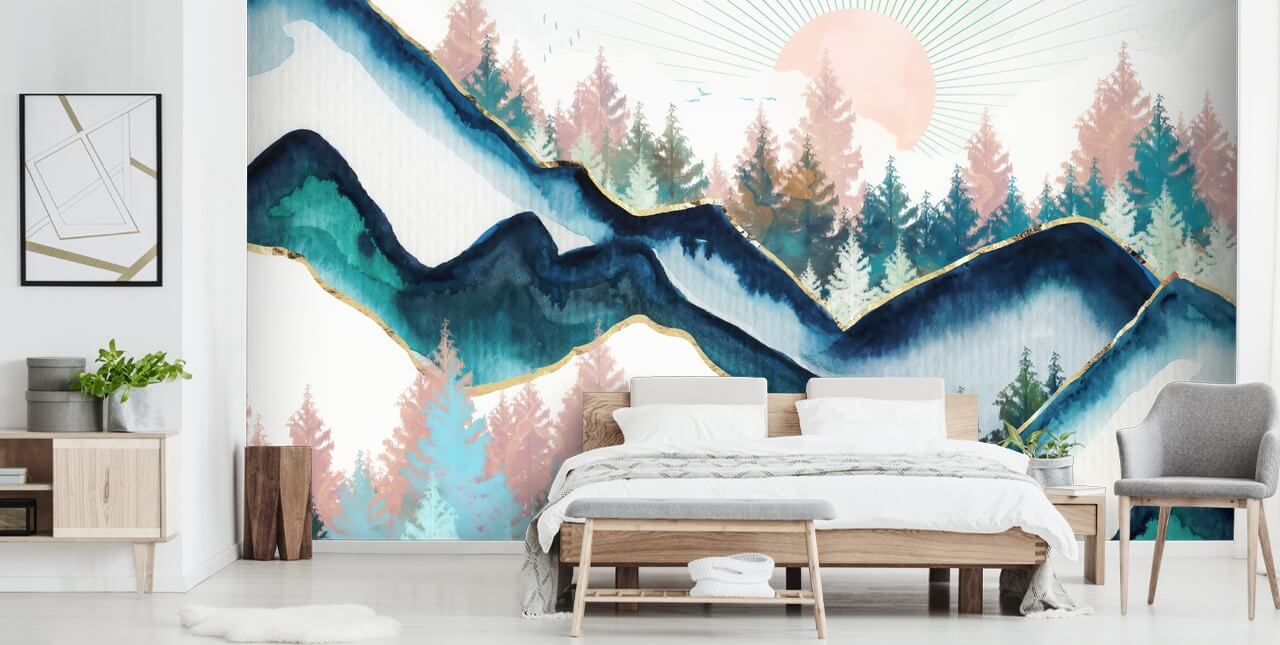 marine blauw en roze berg kunstwerk behang