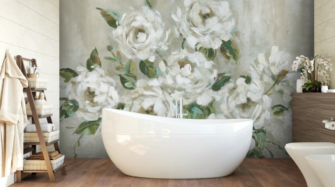 salvie grøn og off white blomster tapet