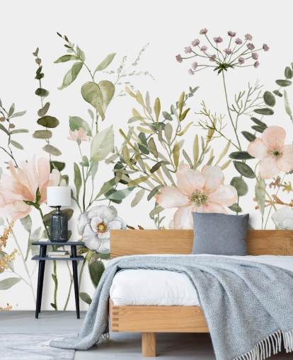 pastel pink and green floral wallpaper mural called Botanical Sketchbook for lounges, nurseries and bedrooms pastel pink and green floral wallpaper mural called Botanical Sketchbook for lounges, nurseries and bedrooms
