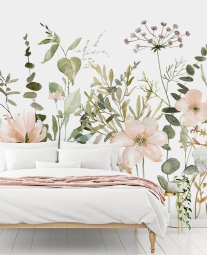 pastel pink and green floral wallpaper mural called Botanical Sketchbook for lounges, nurseries and bedrooms pastel pink and green floral wallpaper mural called Botanical Sketchbook for lounges, nurseries and bedrooms