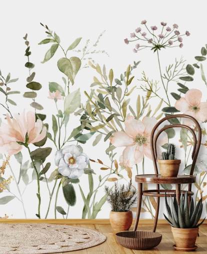 pastel pink and green floral wallpaper mural called Botanical Sketchbook for lounges, nurseries and bedrooms pastel pink and green floral wallpaper mural called Botanical Sketchbook for lounges, nurseries and bedrooms