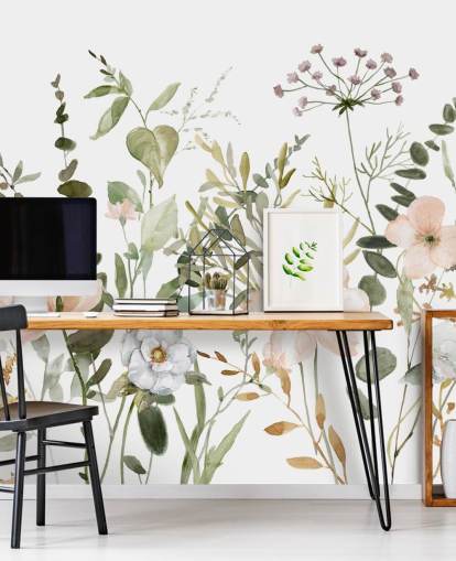 pastellrosa og grønt blomstertapet vægmaleri kaldet Botanical Sketchbook til lounger, planteskoler og soveværelser pastellrosa og grønt blomstertapet vægmaleri kaldet Botanical Sketchbook til lounger, planteskoler og soveværelser