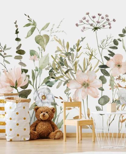 pastel pink and green floral wallpaper mural called Botanical Sketchbook for lounges, nurseries and bedrooms pastel pink and green floral wallpaper mural called Botanical Sketchbook for lounges, nurseries and bedrooms