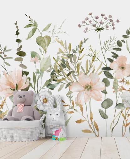 pastelroze en groene bloemenbehangmuurschildering genaamd Botanical Sketchbook voor lounges, kinderdagverblijven en slaapkamers pastelroze en groene bloemenbehangmuurschildering genaamd Botanical Sketchbook voor lounges, kinderdagverblijven en slaapkamers