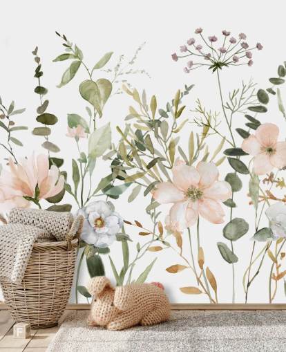 pastel pink and green floral wallpaper mural called Botanical Sketchbook for lounges, nurseries and bedrooms pastel pink and green floral wallpaper mural called Botanical Sketchbook for lounges, nurseries and bedrooms