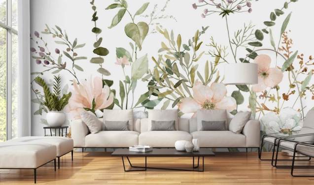 pastelroze en groene bloemenbehangmuurschildering genaamd Botanical Sketchbook voor lounges, kinderdagverblijven en slaapkamers