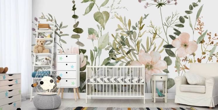 pastelroze en groene bloemenbehangmuurschildering genaamd Botanical Sketchbook voor lounges, kinderdagverblijven en slaapkamers