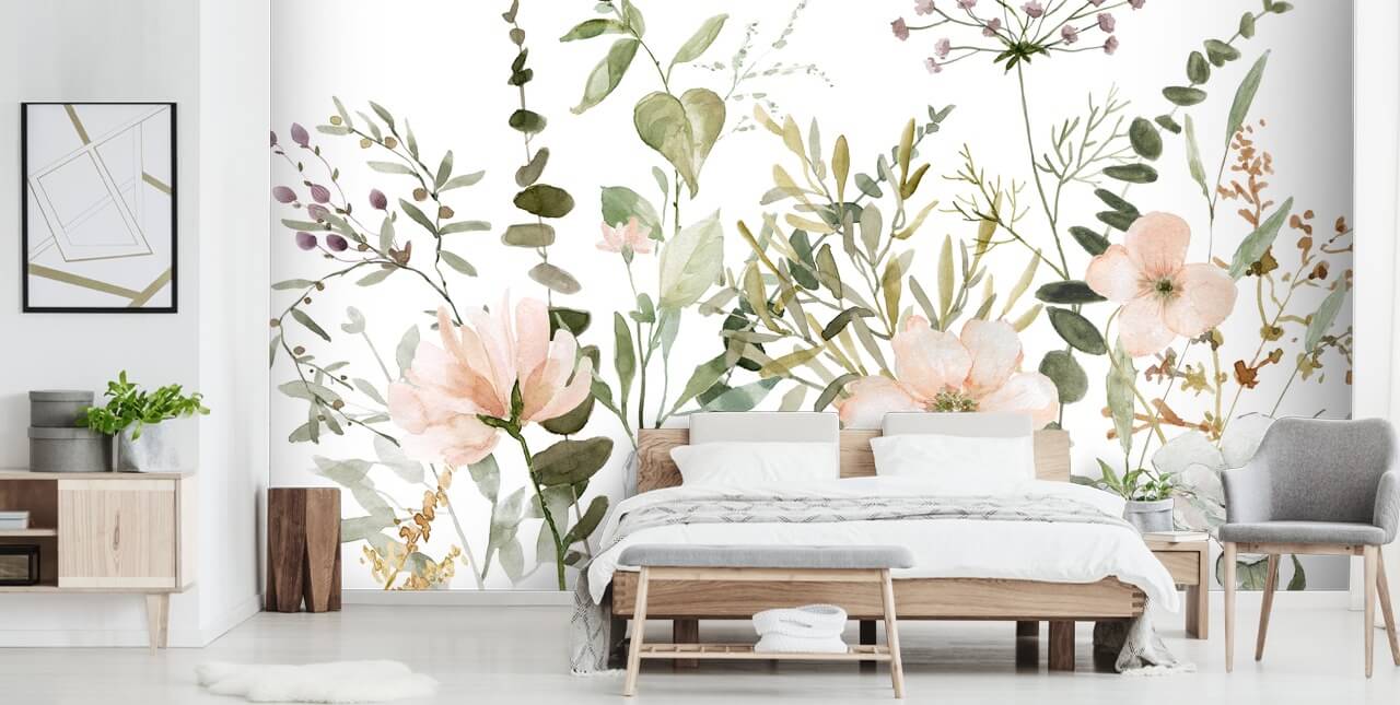 pastellrosa och grön blommig tapetväggmålning kallad Botanical Sketchbook för lounger, plantskolor och sovrum