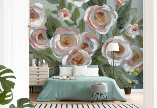 witte en roze rozen en groene bladeren schilderen behang