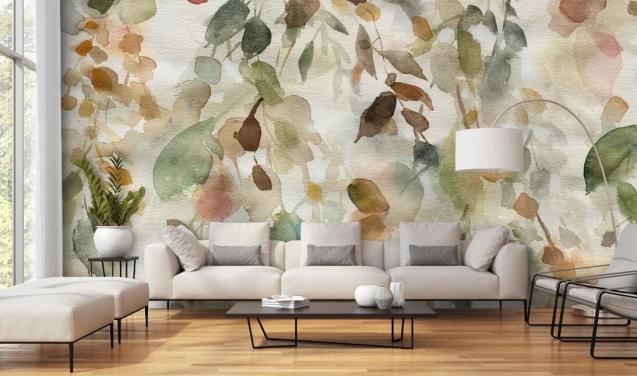 neutrale bloemenbehangmuurschildering genaamd Fall Cascade van Carol Robinson voor woonkamers en slaapkamers