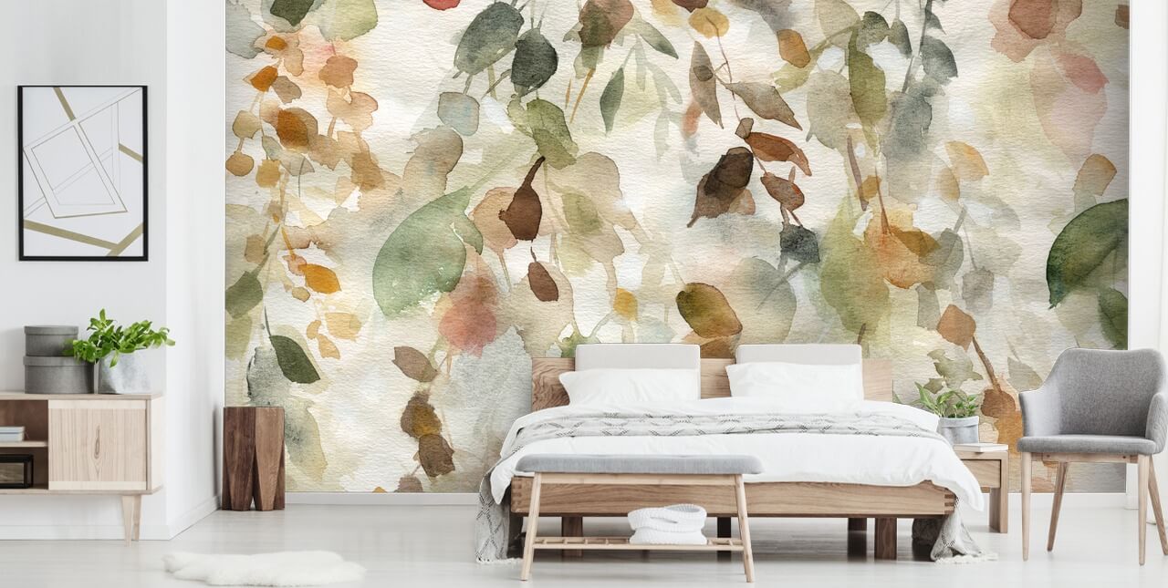 neutral floral wallpaper mural called Fall Cascade by Carol Robinson for living rooms and bedrooms