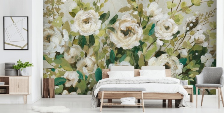 gebroken witte rozen en groene bladeren schilderen behang