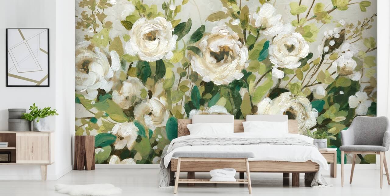 off white roses and green leaves painting wallpaper