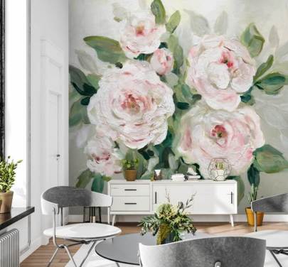 rosa og hvite blomster med grønne blader tapet