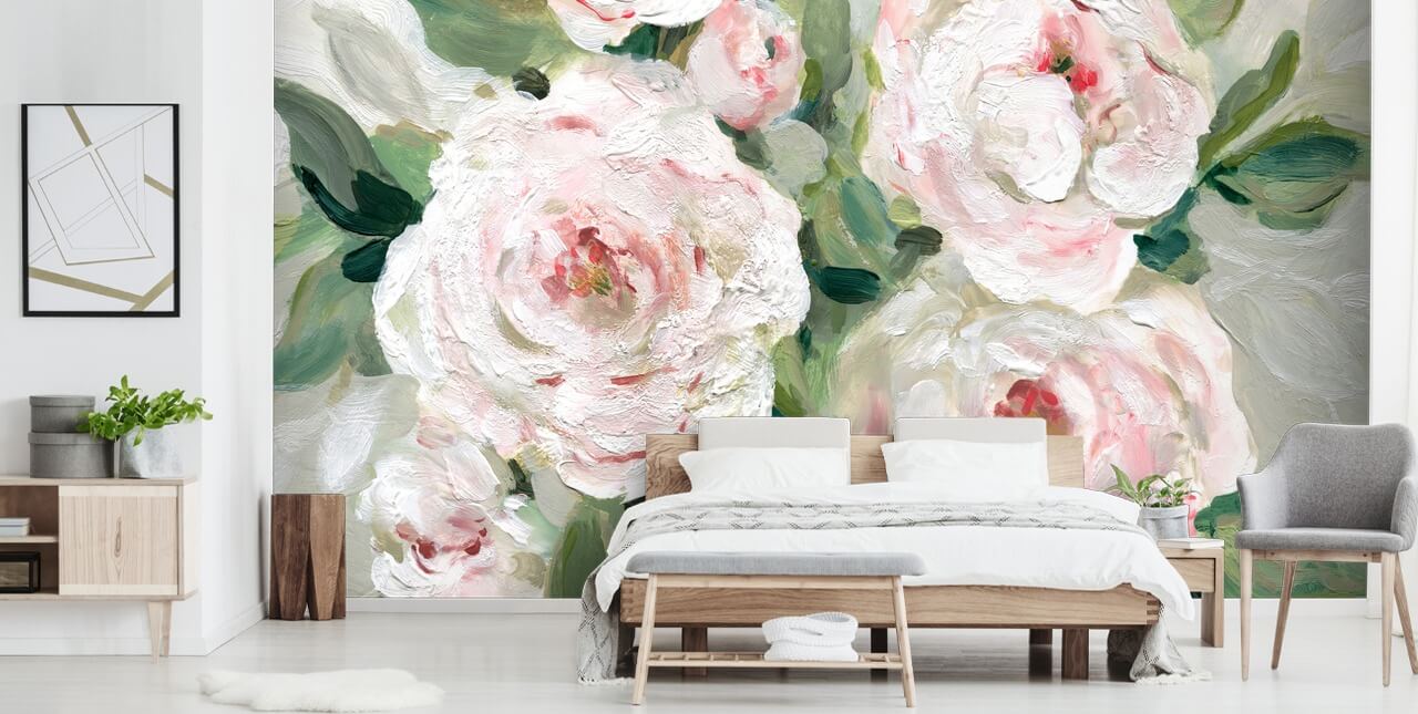 rosa og hvite blomster med grønne blader tapet