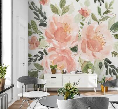 fersken og grønn blomst tapet