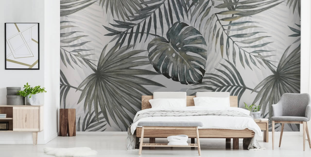grey toned palm leaf wallpaper