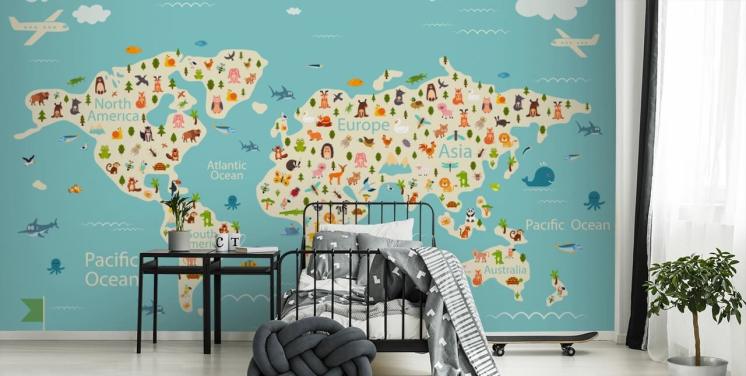 cute animals on kids world map wallpaper