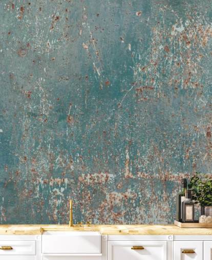 blauwe en koperen industriële behangmuurschildering genaamd Industrial Grunge voor slaapkamers, bars en keukens blauwe en koperen industriële behangmuurschildering genaamd Industrial Grunge voor slaapkamers, bars en keukens