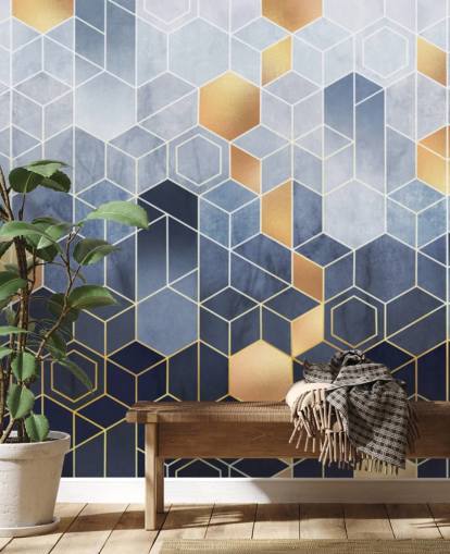 papel pintado hexágonos en tonos azul marino y dorado papel pintado hexágonos en tonos azul marino y dorado