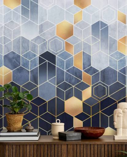 papel pintado hexágonos en tonos azul marino y dorado papel pintado hexágonos en tonos azul marino y dorado