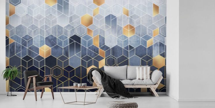 marin och guld tonade hexagoner tapeter