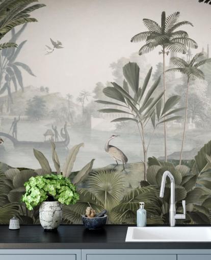 murale di carta da parati con giungla verde frondosa con leopardi chiamato Green Leopard Landscape di Sir Edward per camere da letto e corridoi murale di carta da parati con giungla verde frondosa con leopardi chiamato Green Leopard Landscape di Sir Edward per camere da letto e corridoi