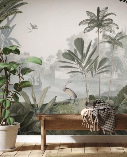 papier peint sur une jungle verte feuillue avec des léopards appelé Green Leopard Landscape par Sir Edward pour les chambres et les couloirs papier peint sur une jungle verte feuillue avec des léopards appelé Green Leopard Landscape par Sir Edward pour les chambres et les couloirs