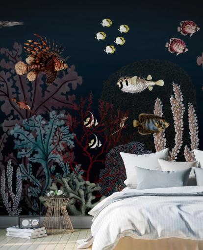 récif corallien très sombre et poisson vintage illustration papier peint récif corallien très sombre et poisson vintage illustration papier peint