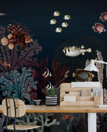 mycket mörkt korallrev och fisk vintage illustration tapet mycket mörkt korallrev och fisk vintage illustration tapet