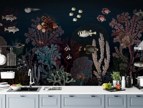 very dark coral reef and fish vintage illustration wallpaper