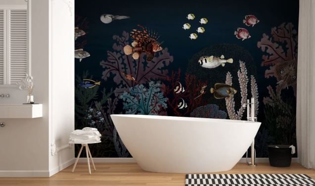 very dark coral reef and fish vintage illustration wallpaper