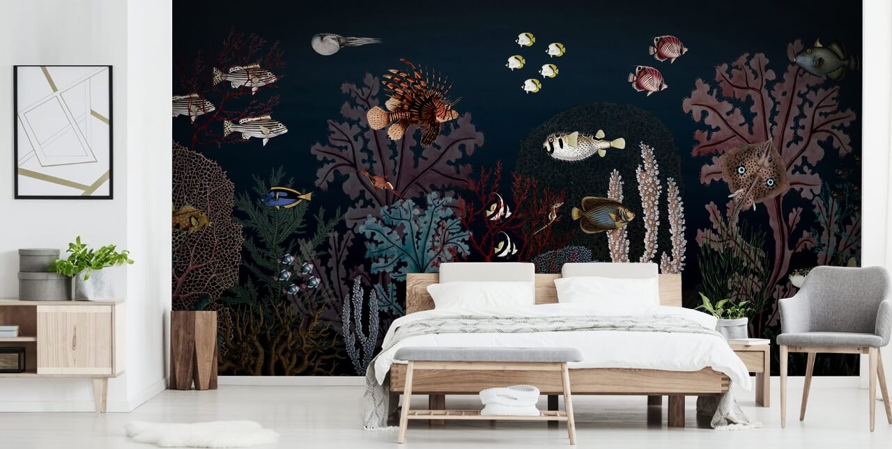 very dark coral reef and fish vintage illustration wallpaper