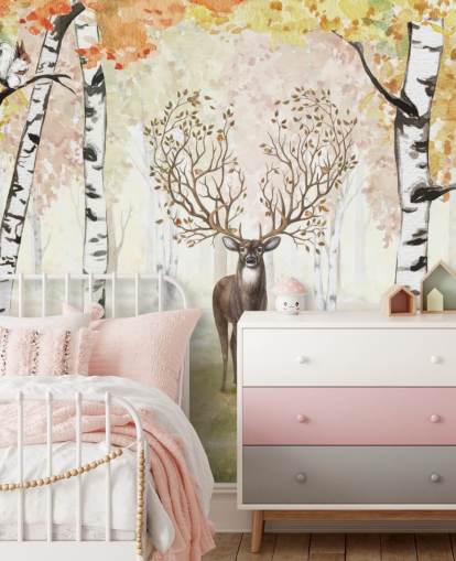 deer with magical antlers in autumnal birch woodland wallpaper deer with magical antlers in autumnal birch woodland wallpaper