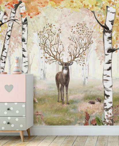 deer with magical antlers in autumnal birch woodland wallpaper deer with magical antlers in autumnal birch woodland wallpaper