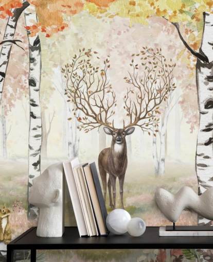 deer with magical antlers in autumnal birch woodland wallpaper deer with magical antlers in autumnal birch woodland wallpaper