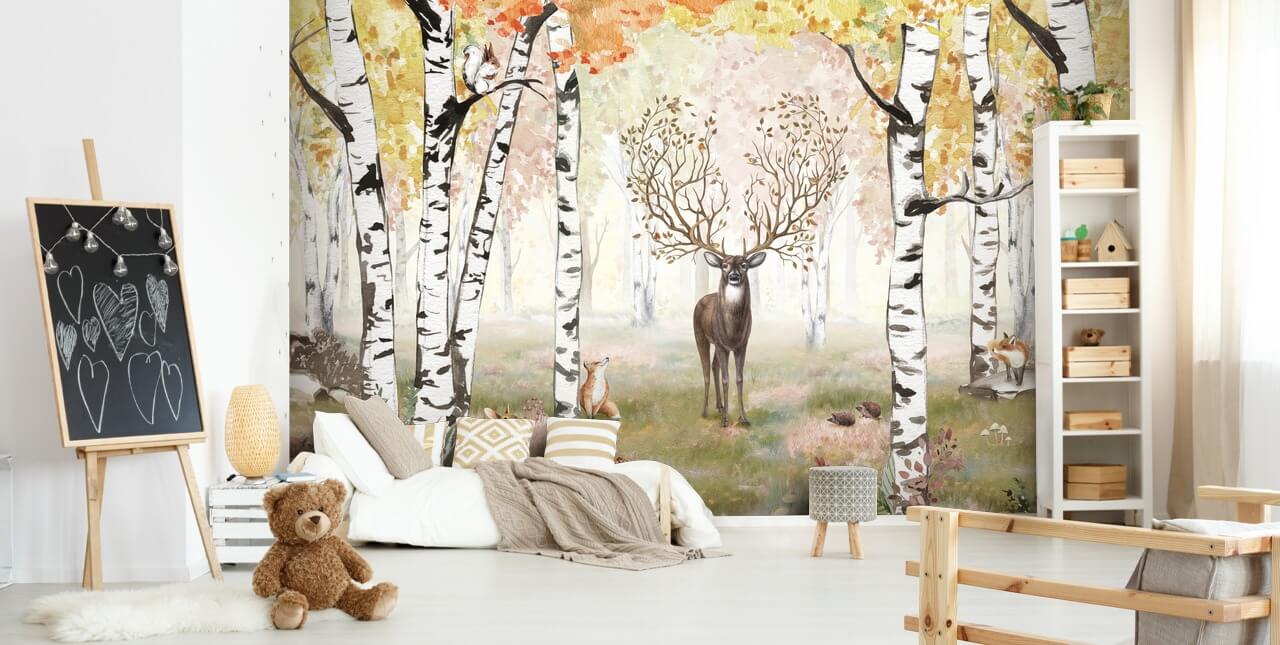 deer with magical antlers in autumnal birch woodland wallpaper