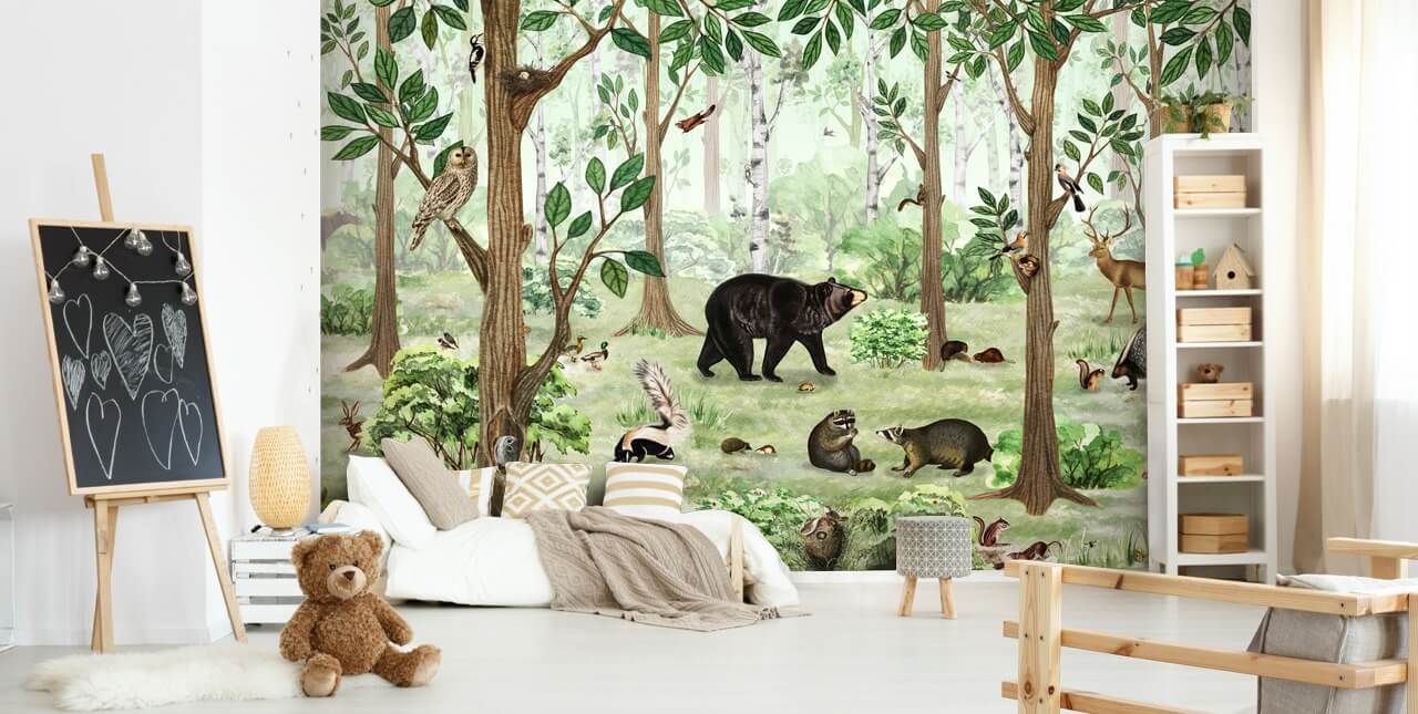 woodland animals in a forest wallpaper