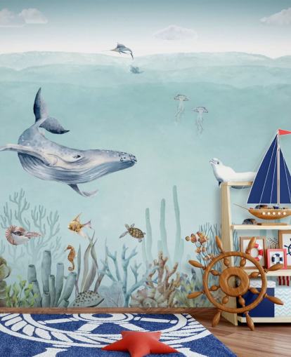 (papier peint baleine, poisson et océan) (papier peint baleine, poisson et océan)