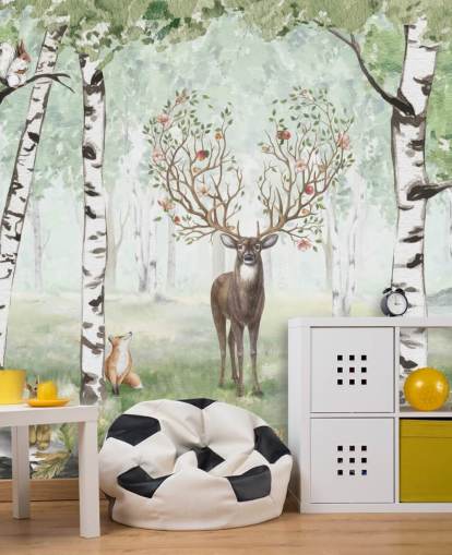 woodland animals and stag amongst birch trees wallpaper woodland animals and stag amongst birch trees wallpaper