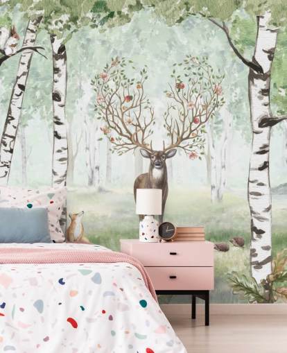 papel de parede de animais da floresta e veado entre bétulas papel de parede de animais da floresta e veado entre bétulas