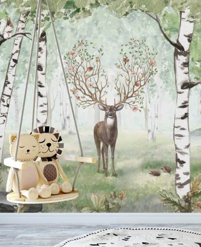 woodland animals and stag amongst birch trees wallpaper woodland animals and stag amongst birch trees wallpaper