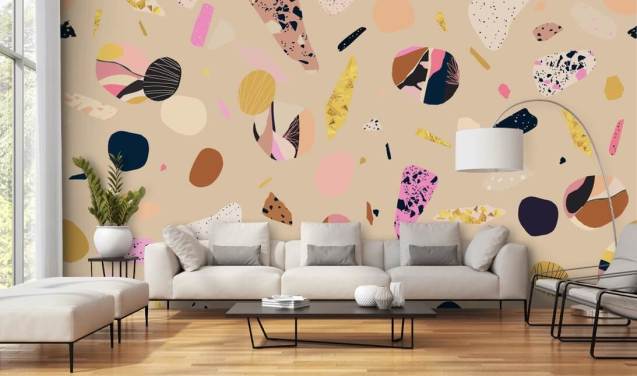 farverig pink, brun terrazzo tapet