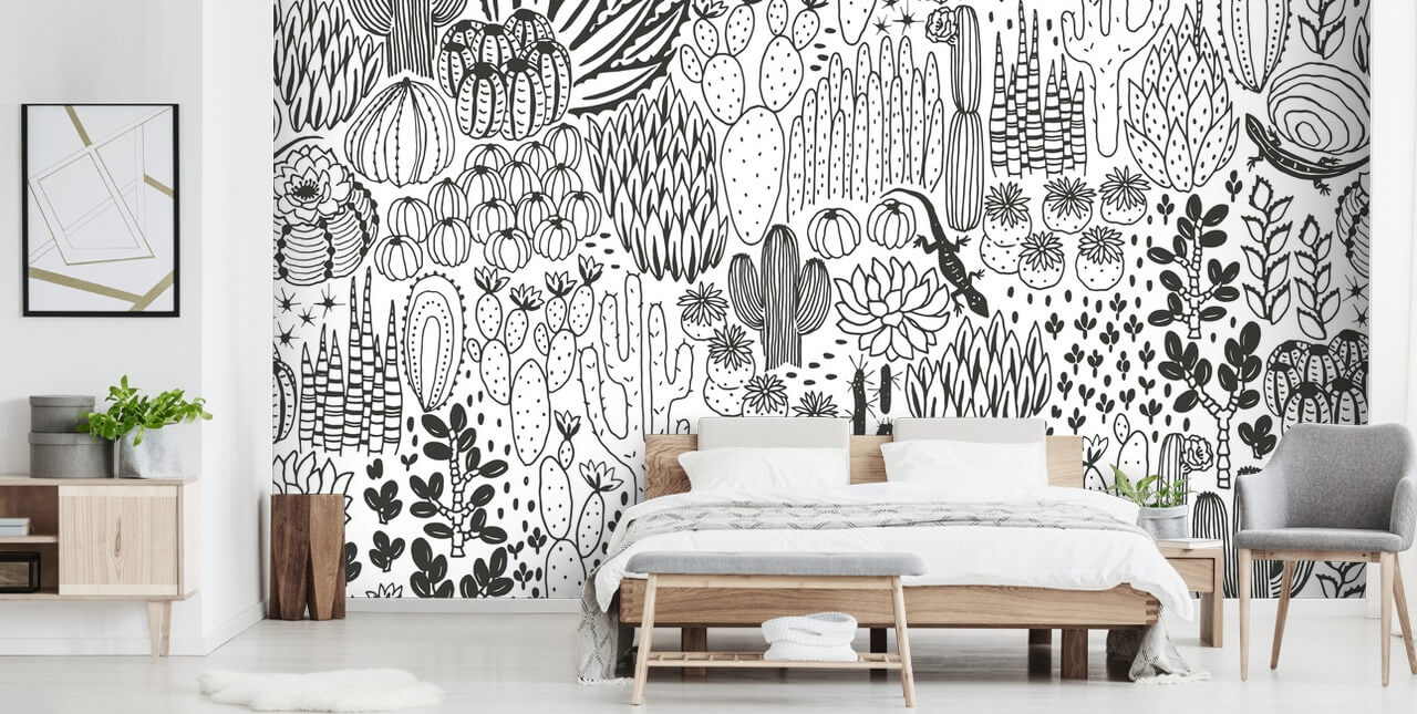 zwart-wit cactus doodles behang